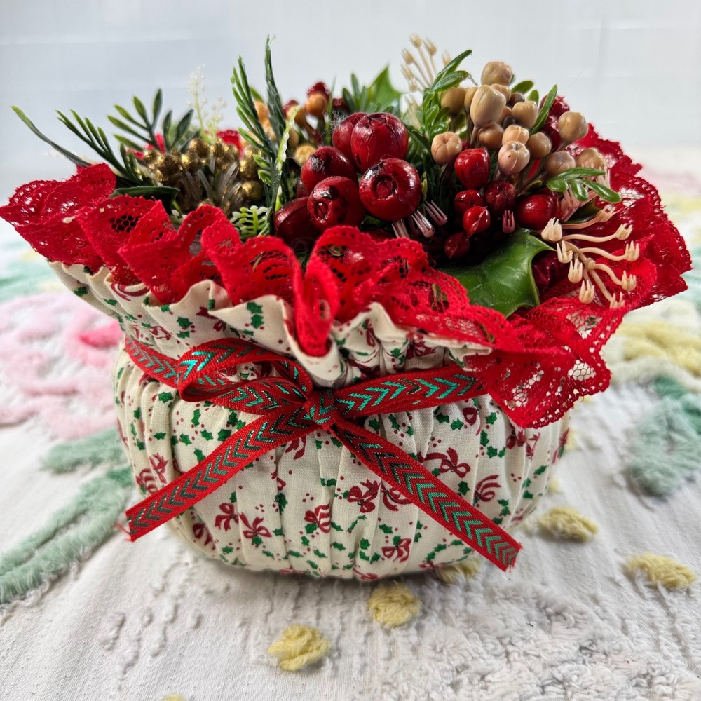 Vintage Christmas Floral Arrangement Fabric Pot Red Berry Lace Centerpiece